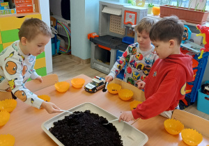 Chłopcy sypią ziemię do doniczek