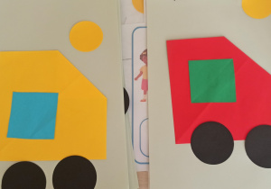 Kolorowe samochody z figur geometrycznych.