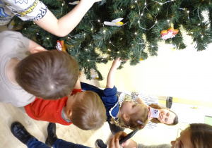 Wieszanie ozdobionych pierników na przedszkolną choinkę.