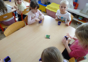 dzieci siedzą przy stole i wysiewają szczypiorek