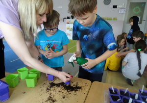 chłopiec zrasza doniczkę z wysianymi ziołami