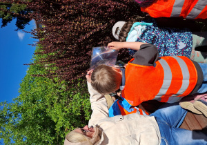 Dzieci patrzą przez lupę na berberys