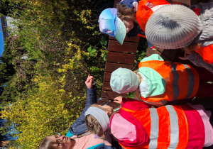 Leśnik pokazuje dzieciom młody pęd chmielu