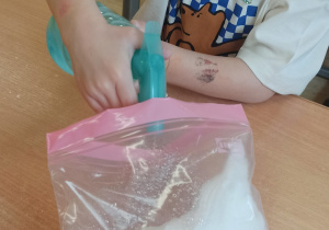 Chłopiec podlewa watę, na któej rośnie fasola